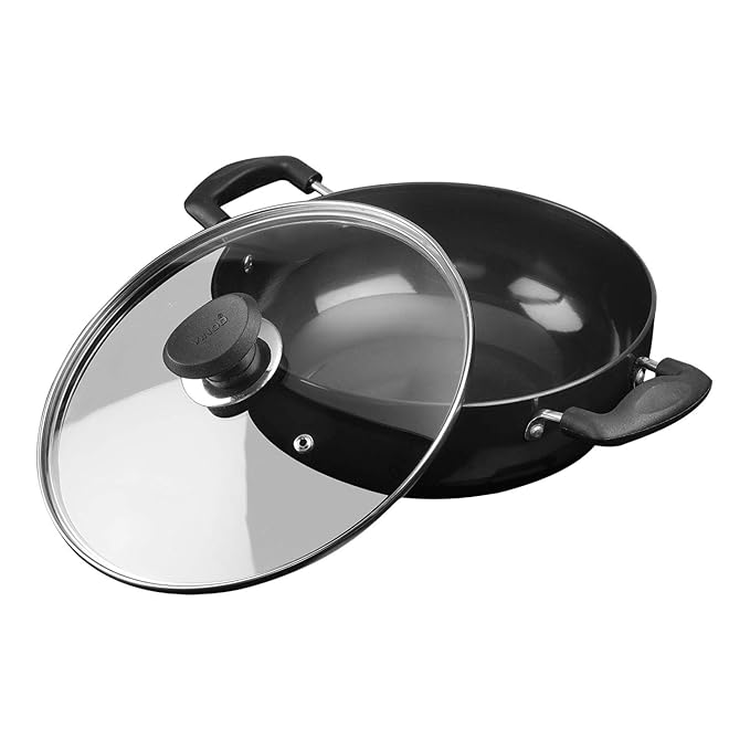 Vinod Black Pearl Hard Anodised Non Stick Deep Kadhai with Glass Lid - 2.6 LTR, 22 cm | 3.25mm Thickness | kadai for Cooking