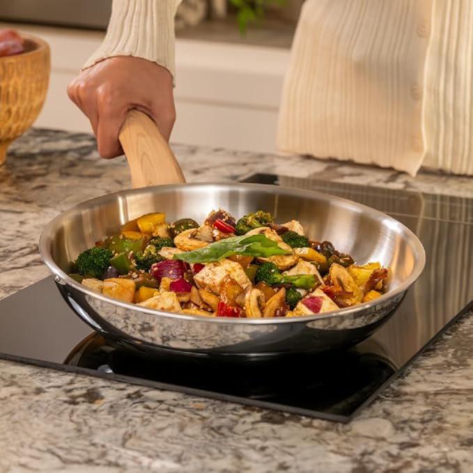 Arttdinox Timber Frying Pan Stainless Steel | Wood Finished Handle | Pan With Lid | Gas & Induction Base | 24cm | 1.8ltr | Silver