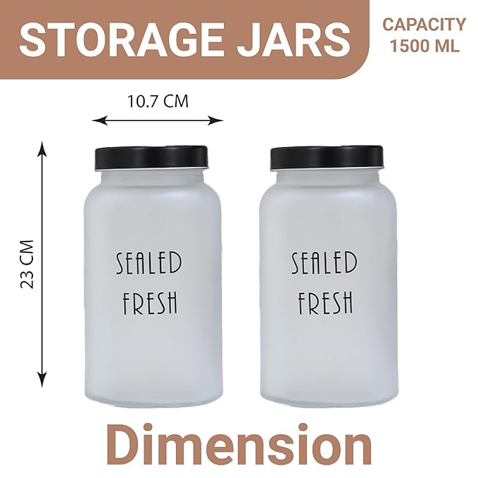 Femora Kitchen Storage Jars Frosted Glass Jar With Steel Lid Air Tight Jar | 1500 Ml | Pack of 2 | Black Lid