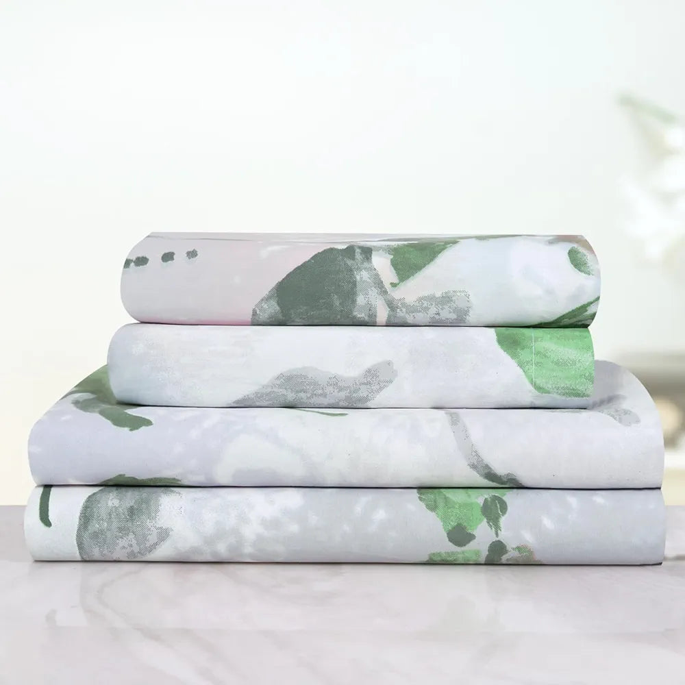 Cloth Fusion Glace Cotton Elastic Fitted Bedsheet for Double Bed King Size with 2 Pillow Covers Garden Mist