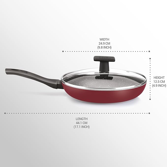 Milton Pro Cook Granito Fry Pan With Glass Lid, 24 Cm Frying Pan Burgundy - 702 gms