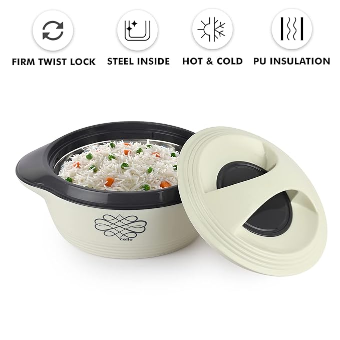 Cello Ripple Double Walled Insulation Casserole | Firm Twist Lock and Handles | 1500 Ml | White