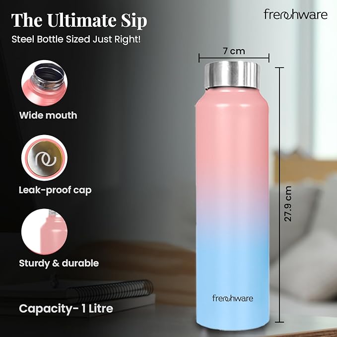 Frenchware Water Bottle 1 Litre, Stainless Steel, Premium SS 304, Sky-Blush | Easy-to-Clean