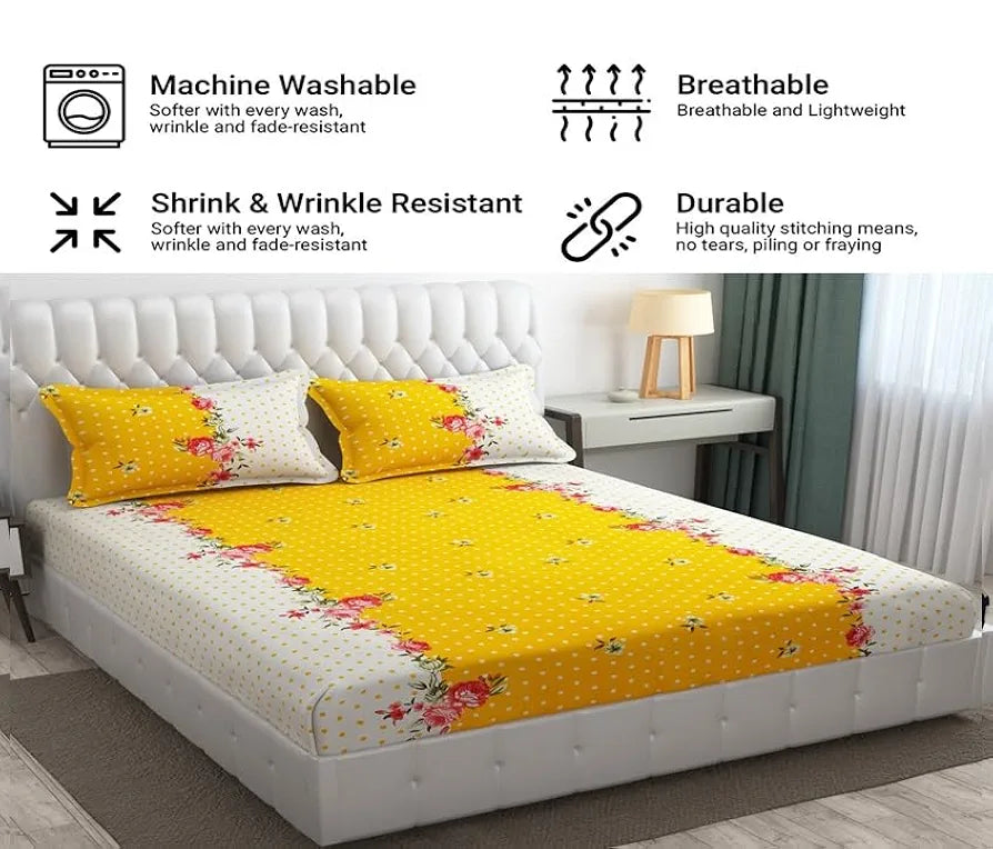 Fresh From Loom Double Bedsheet King Size Microfiber Rotary Printed with 2 Pillow Covers 144 TC Yellow White