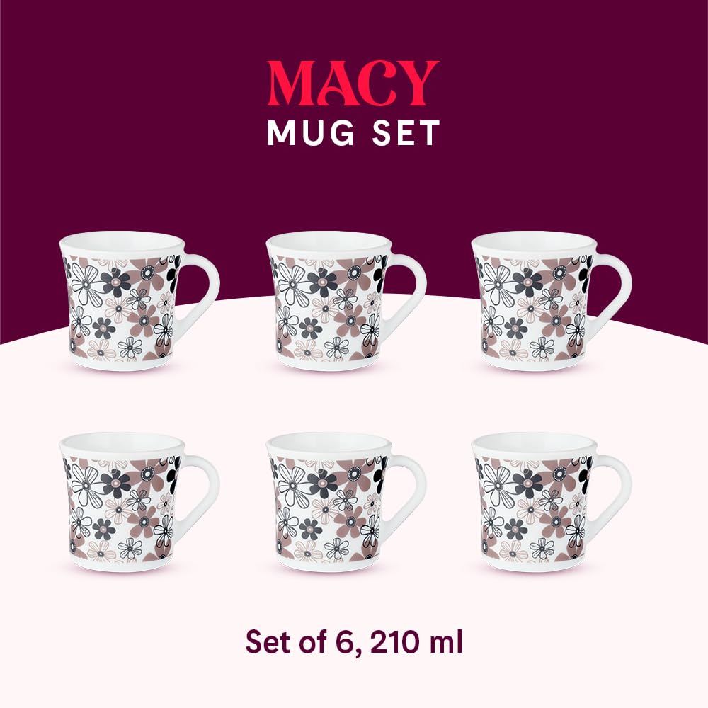 Larah by Borosil Crysta Series Macy Opalware Mug | Set of 6 Tea/coffee Mugs | 210 Ml Each
