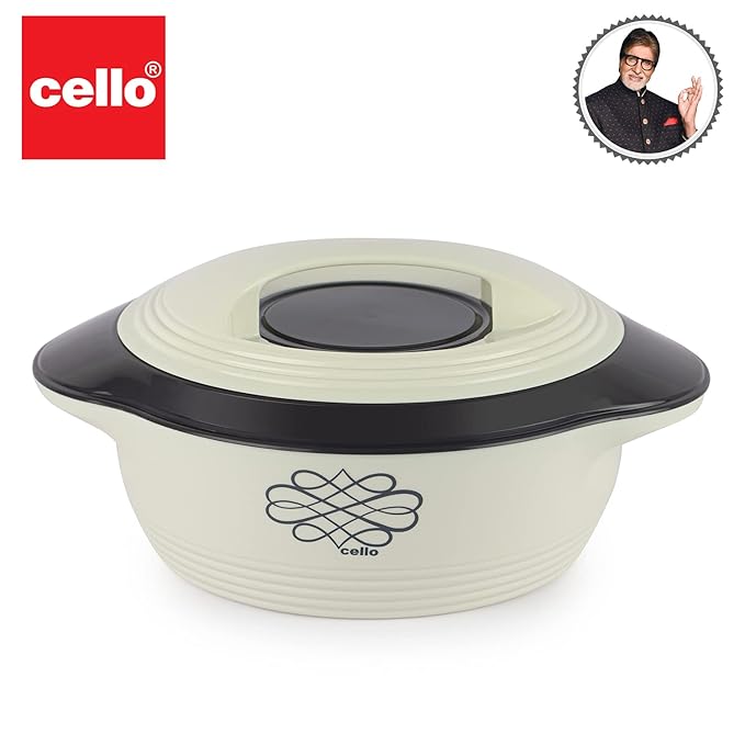 Cello Ripple Double Walled Insulation Casserole | Firm Twist Lock and Handles | 1500 Ml | White