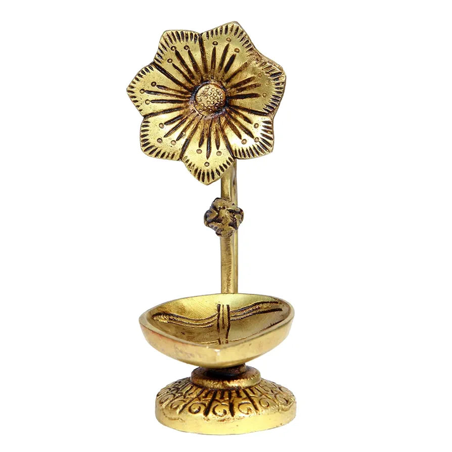 Anciently Antique Brass Flower Diya | Antique Brass Deepam | Antique Diya Brass 14.5cm Height, Gold Colour