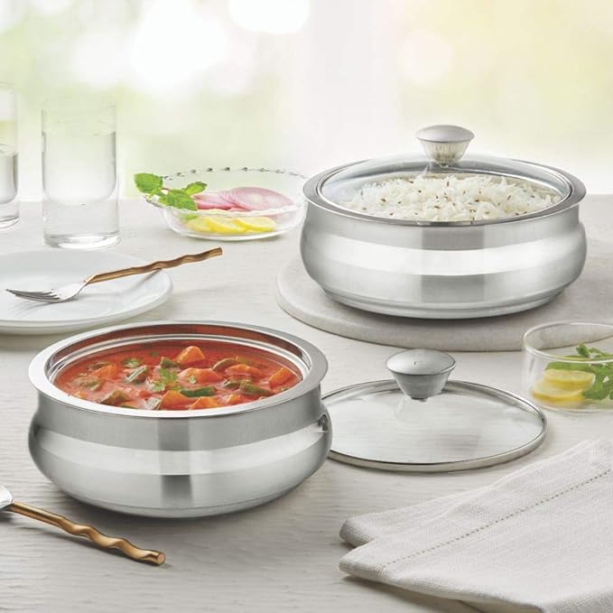 Borosil Stainless Steel Striped Handi Server | Silver | 2 Litres | Set of 2