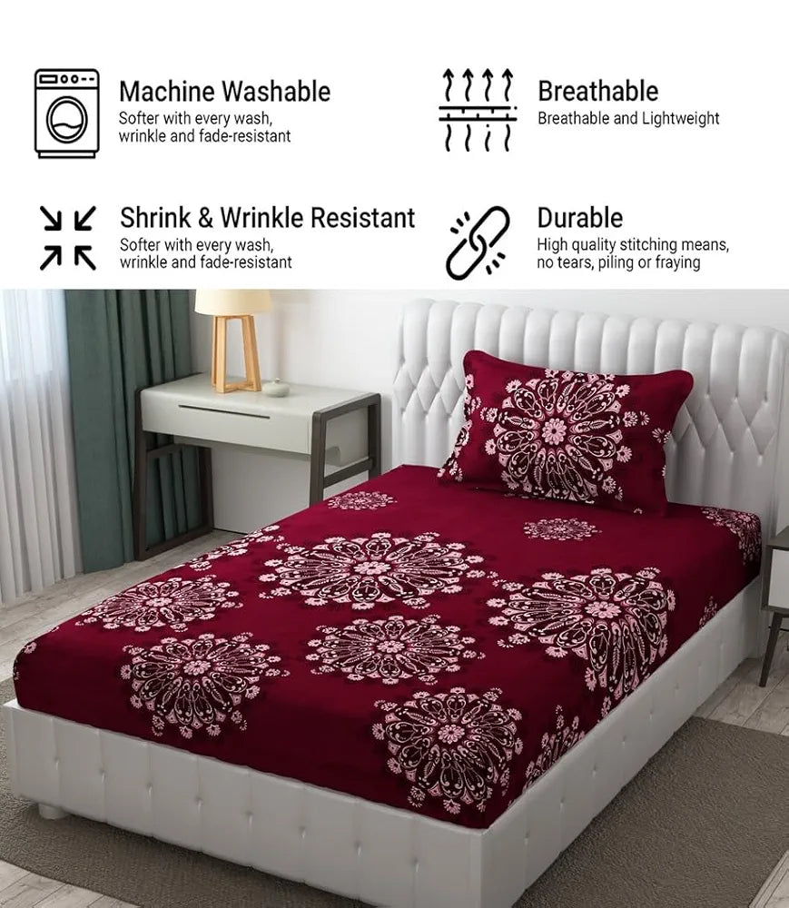 Fresh From Loom Floral Single Bedsheet Size Microfiber Bedsheet Set-Printed Hypoallergenic Wrinkle Free with 2 Pillow Covers 144 TC Wine