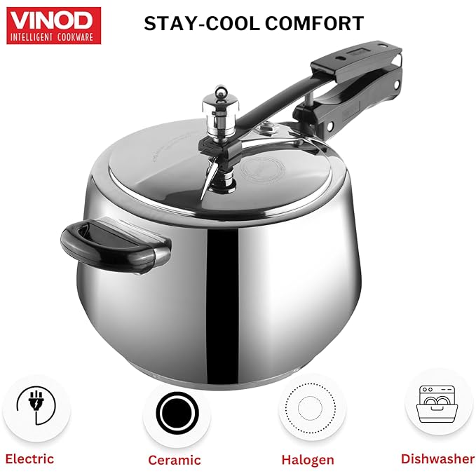 Vinod Europa Stainless Steel Inner Lid Pressure Cooker - 5 Litre | Handi Shape | Sandwich Bottom Cooker | Induction and Gas Base