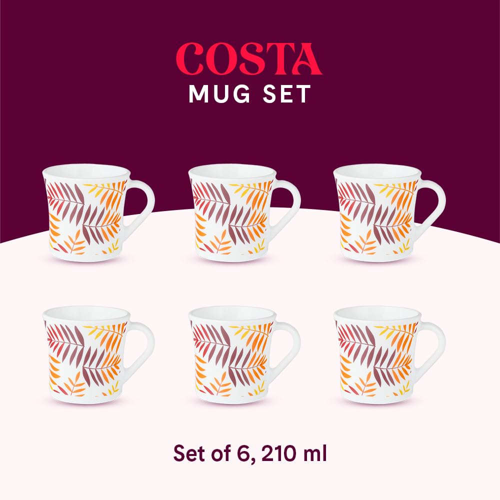 Larah by Borosil Crysta Series Costa Opalware Mug | Set of 6 Tea/coffee Mugs | 210 Ml Each