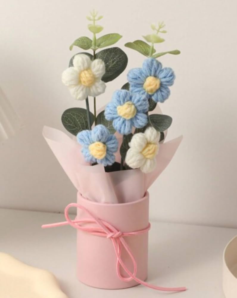 Artificial Crochet Flower Bouquet/artificial Flowers Bunch Blue Daisy Bouquet