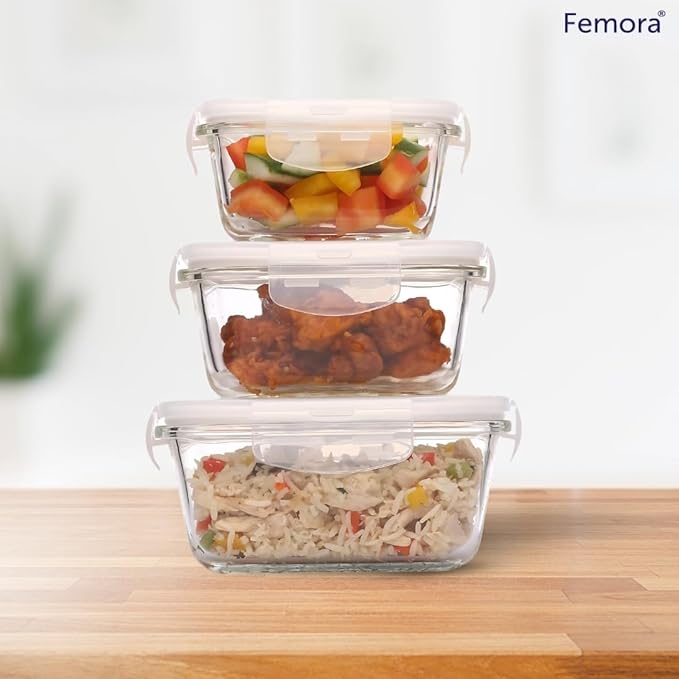Femora Borosilicate Glass Containers for Kitchen | Storage Box for Kitchen With Air Vent Lid | Set of 3 | 300 Ml, 500 Ml, 800 Ml
