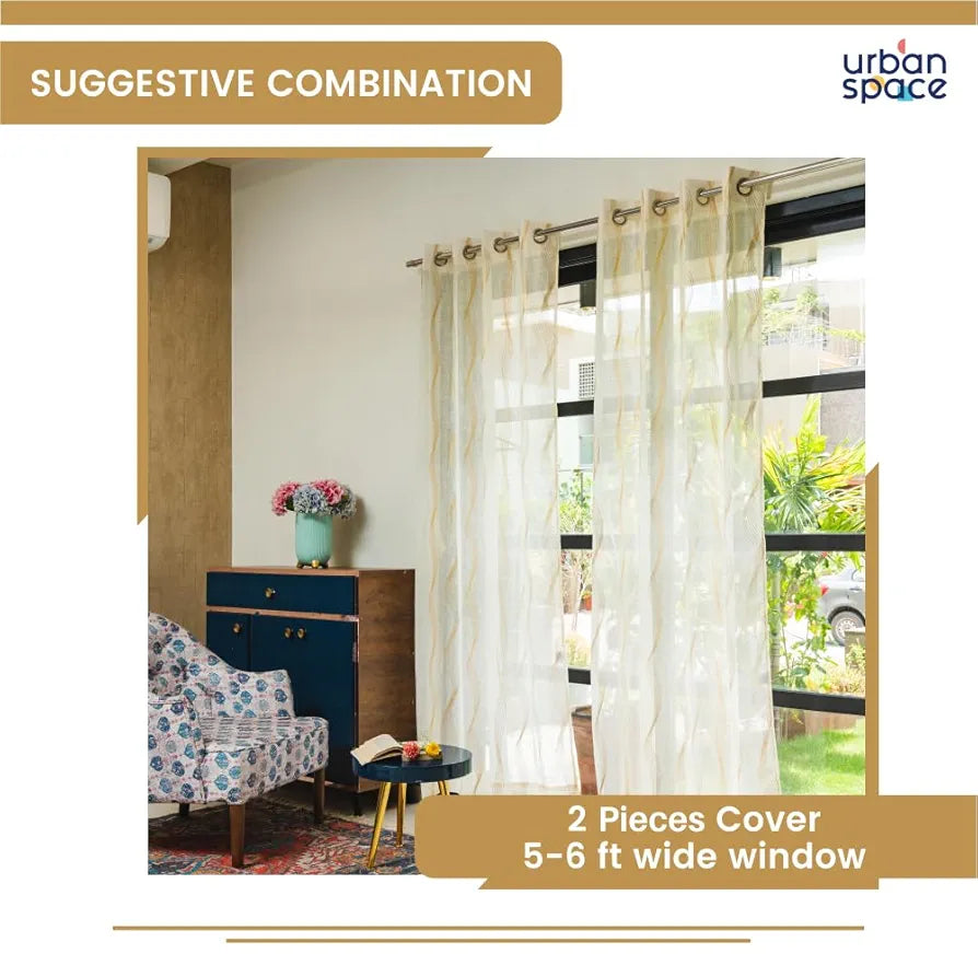 Urban Space Linen Textured Metallic Gold Foil Sheer Curtains for Door Room Darkening Set of 2 Decorative Curtains with Tieback and Eyelets Sheer Double Wave Butter Cream Colour