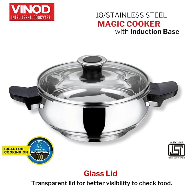 Vinod Magic Stainless Steel Smart 3 in 1 Pressure Cooker 3.5 Litre | 5mm Thick Base | All in One Cooker with Strainer & Glass Lid
