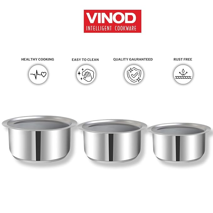 Vinod Stainless Steel 3 pc Tope Set with Capacity of 1.4 litres, 1.8 litres & 2.2 litres with Stainless Steel Lids