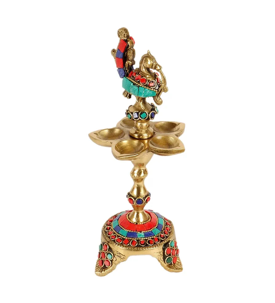Two Moustaches Gemstone Work Peacock Over Ethnic Carved Legs Five Oil Wick Brass Diya