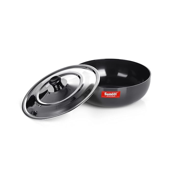 Sumeet 3mm Hard Anodized Deep Tasla with Stainless Steel Lid Size No 12 (22.5 cm 2.3Liter)