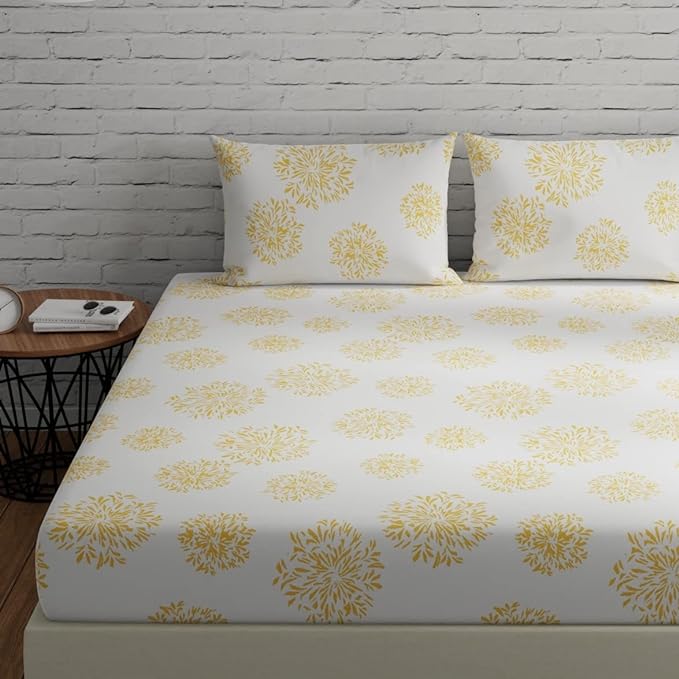 Huesland by Ahmedabad Cotton 144 TC Cotton Bedsheet for Double Bed King Size with 2 Pillow Covers | White (Yellow Print)