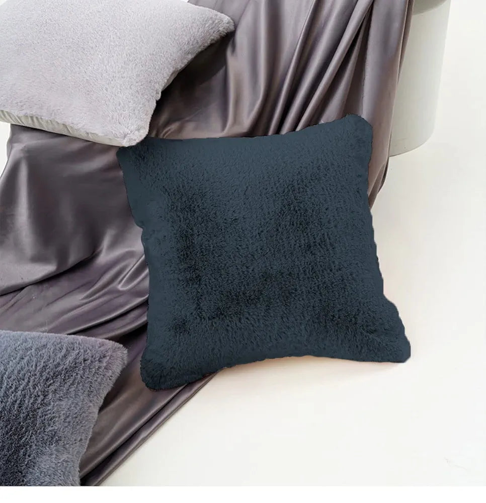Luxe Home Cushion Cover One Side Rabbit Fur Plain Design Covers Set of 2 Anthra