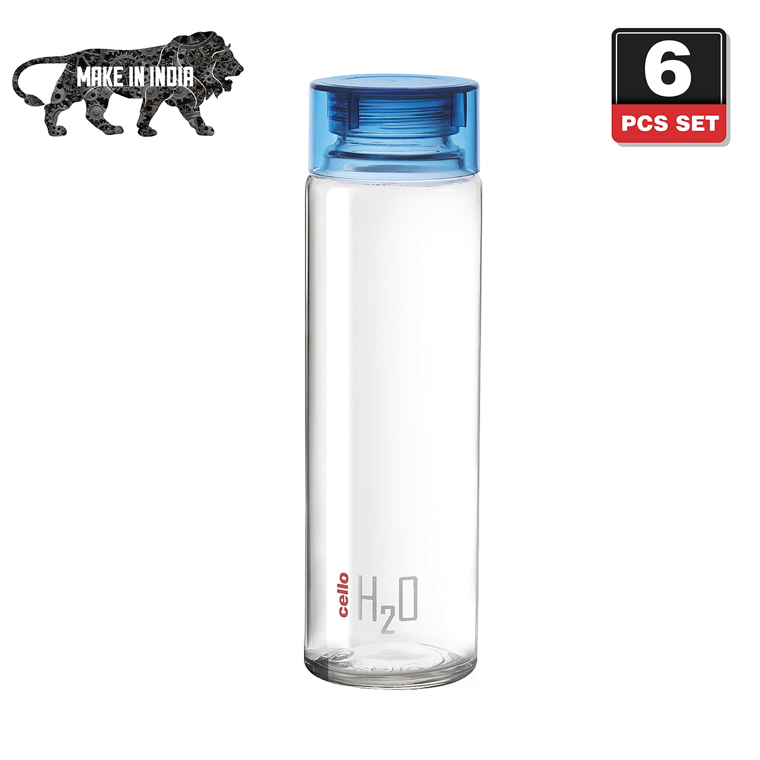Cello H2o Glass Fridge Water Bottle With Plastic Cap | 920 ml | Set of 6 | Blue