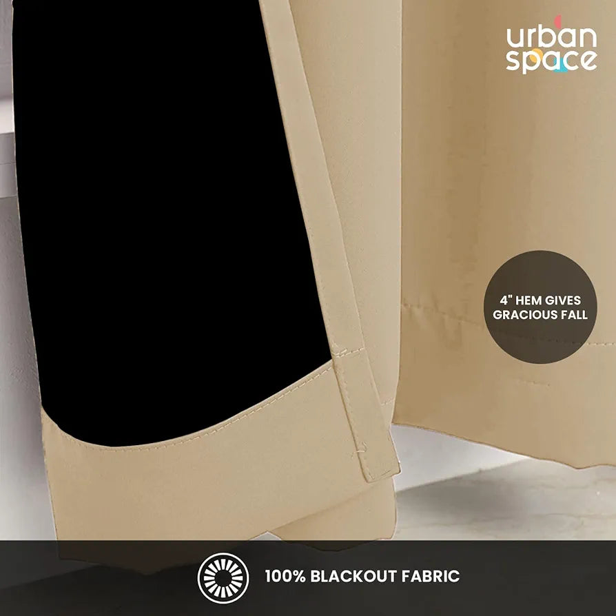 Urban Space Blackout Curtains for Window 5 Feet Set of 2, Thermal Insulated Curtains with Eyelets and Tiebacks, Solid Curtain Soft Beige Colour