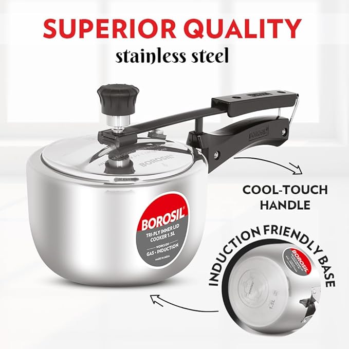 Borosil Triply Induction Base Inner Lid Stainless Steel Pressure Cooker | 1.5 Litres | 500 Milliliter