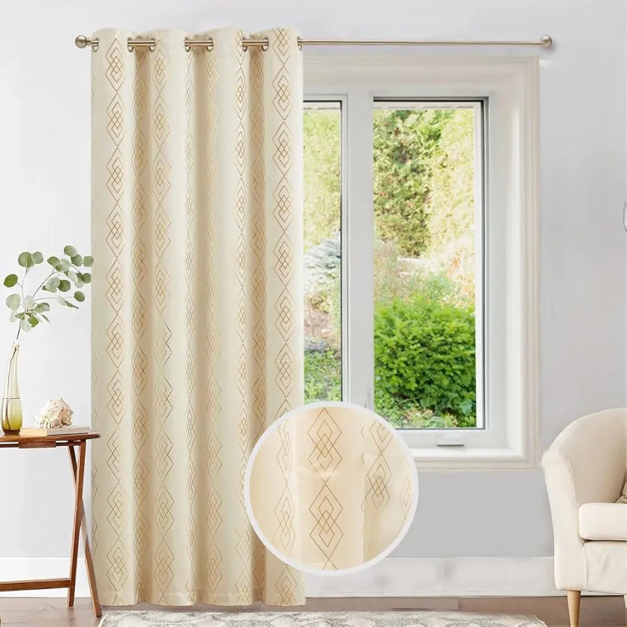 Urban Space Blackout Curtains for Living Room, Gold Foil Printed Luxurious Blackout Decorative Curtains Eyelet with Tieback, 1 Piece Diamond Beige