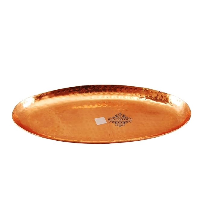 Indian Art Villa 10 Inch Copper Hammered Oval Tray Platter For Serving Dishes Tea - 339 gms