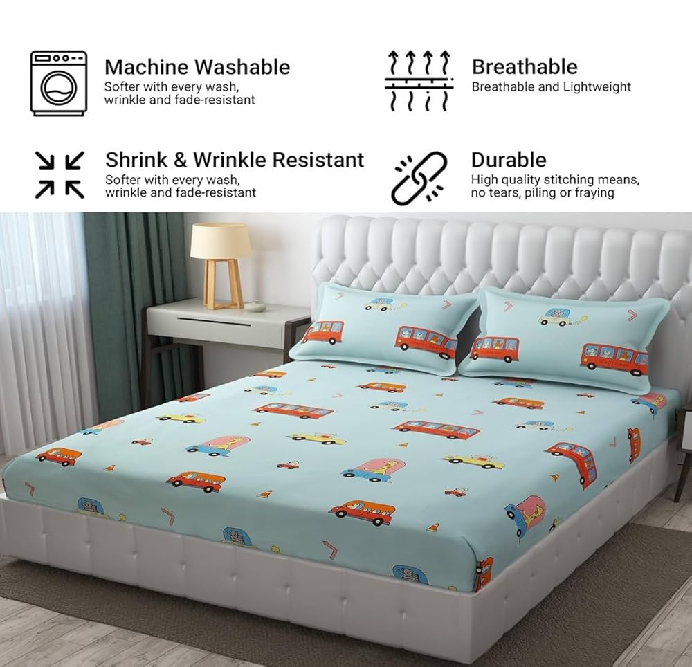 Fresh From Loom Glace Cotton Bed Sheet with 2 Pillow Cover Cartoon Printed Double Bed King Size Kids Bedsheet  144 TC Aqua