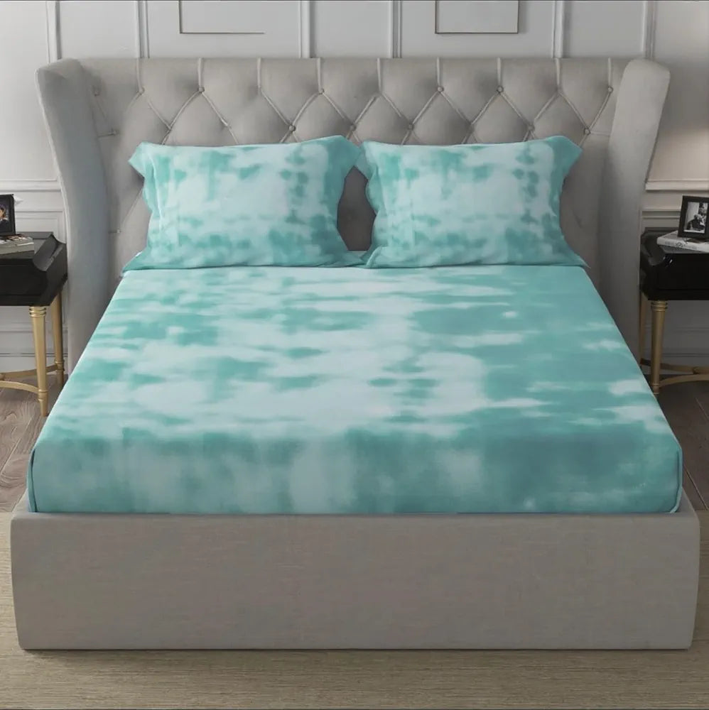 Cloth Fusion Glace Cotton Elastic 186tc Solid Fitted Bedsheet for Double Bed King Size with 2 Pillow Covers Tiedye Blue