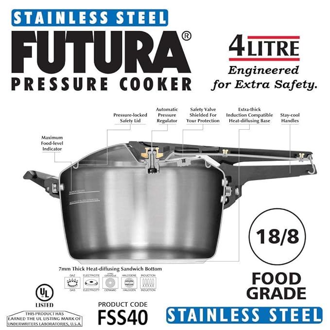 Hawkins Futura Stainless Steel 4L Pressure Cooker Induction Compatible
