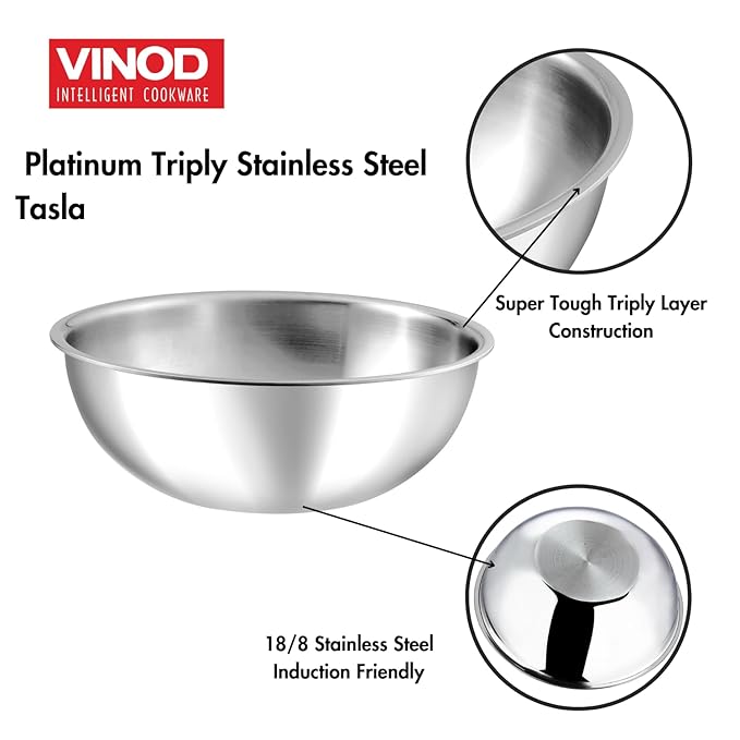 Vinod Platinum Triply Stainless Steel Tasla - 2.5 Litre (24 cm) | 2.5 mm Thick | Steel Tasra Kadai/Kadhai