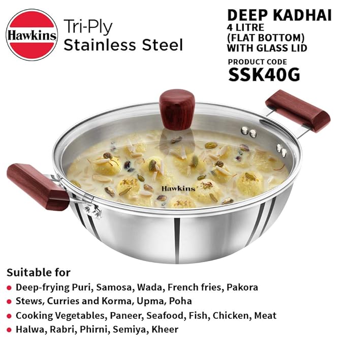 Hawkins 4 Litre Deep Kadhai Triply Stainless Steel Kadai with Glass Lid