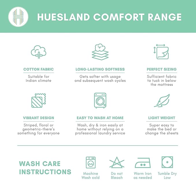 Huesland by Ahmedabad Cotton 144 TC Cotton King Size Bedsheet with 2 Pillow Covers - Light Grey, Blue & Green