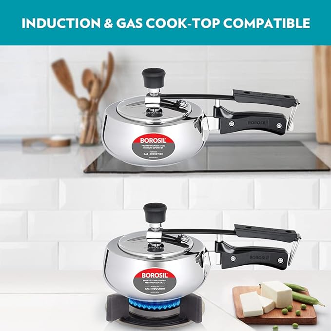 Borosil Pronto Induction Base Inner Lid Stainless Steel Pressure Cooker | 6.8 Mm Thick Base | 2 Litres