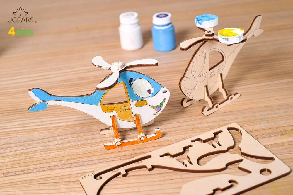 UGEARS Helicopter - 3D Wooden Jigsaw Puzzle - Coloring Kit - STEAM Learning Brain Game for Kids, Ages 5+, 8 Pieces