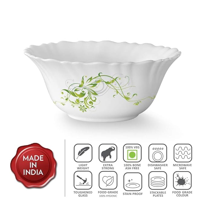 Larah by Borosil Opalware Floral Bowl | Set of 6 | White | 300 Ml