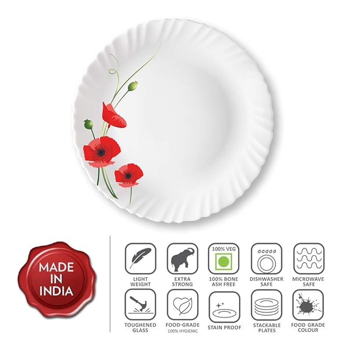 Larah by Borosil R.carnation, Opalware Full Plate | 11 Inch | White | Set of 6