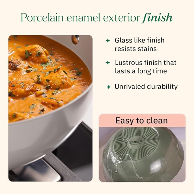 Ember Cookware Arcilla Ceramic Non Stick Kadai 24cm | Metallic Lid | Stainless Steel Handles | Grey