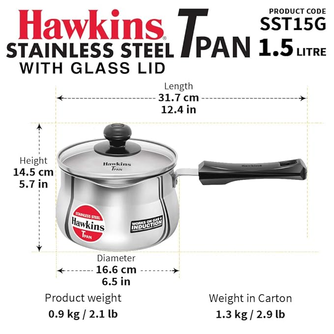 Hawkins Stainless Steel Tpan 1.5L with Glass lid