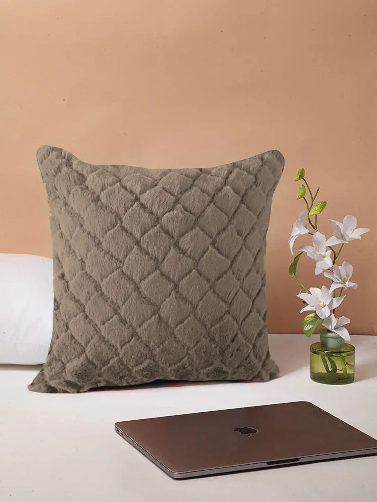 Luxe Home Cushion Cover Duble Side Rabbit Fur Diamond Design Covers Set of 2 Colour Taupe