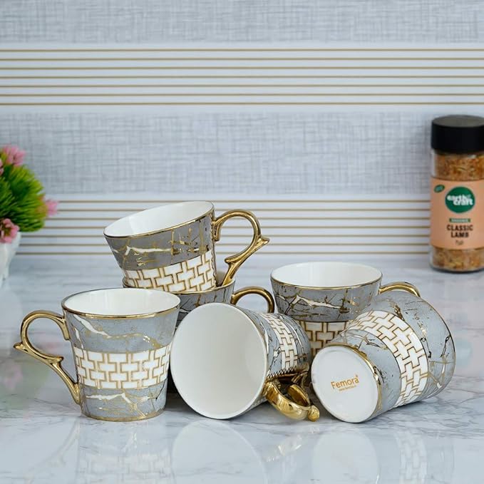 Femora Indian Ceramic Grey Gold Line Tea Cup | 6 Pieces | 155 Ml