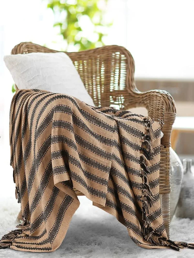 Sashaa World Striped Throw Medium with Tasselled Edges Colour Camel