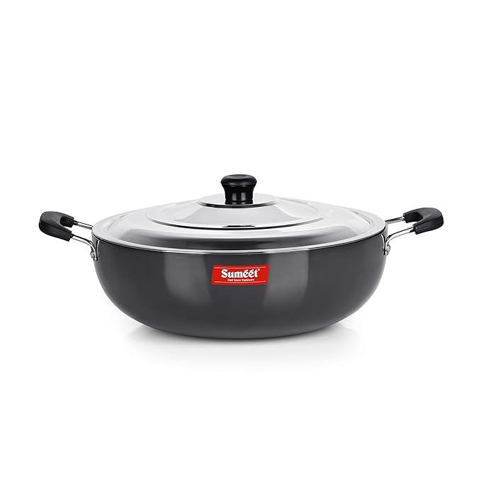 Sumeet 3mm Hard Anodized Deep kadai with Stainless Steel Lid Big Size No 15 28.5cm 4.5 Liter