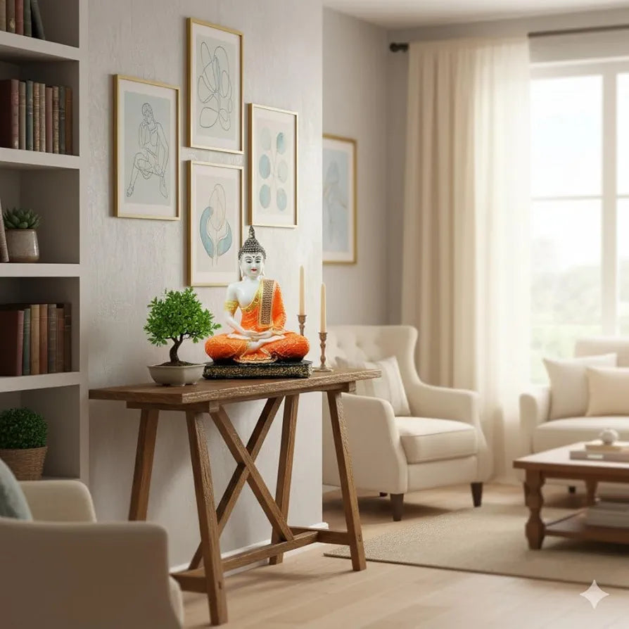 Jaipur Ace Meditating Buddha Polyresin Idol Showpiece White Orange Sitting Buddha