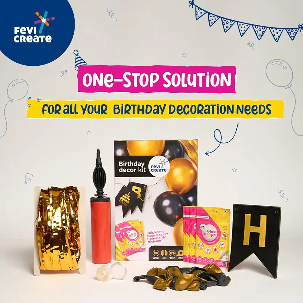 Fevicreate Unforgettable Celebrations with the Fevicreate Birthday Decor Kit - Metallic Balloons, Blowing Pump, Balloon Arch, Birthday Banner, Fevicol Glue Drops - Effortless Elegance!