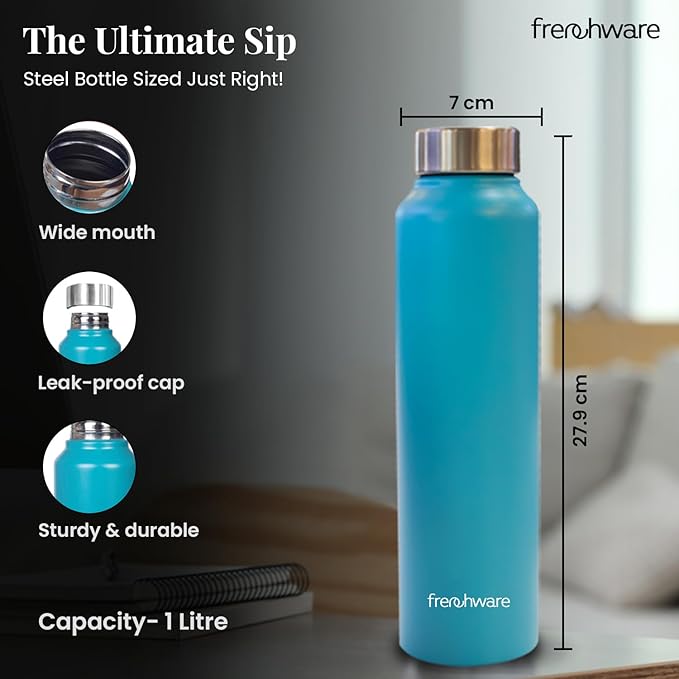 Frenchware Water Bottle 1 Litre, Stainless Steel, Premium SS 304 | Aqua Blue | Easy-to-Clean