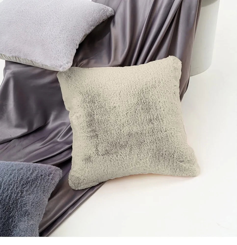 Luxe Home Cushion Cover One Side Rabbit Fur Plain Design Covers Set of 2 Colour Beige