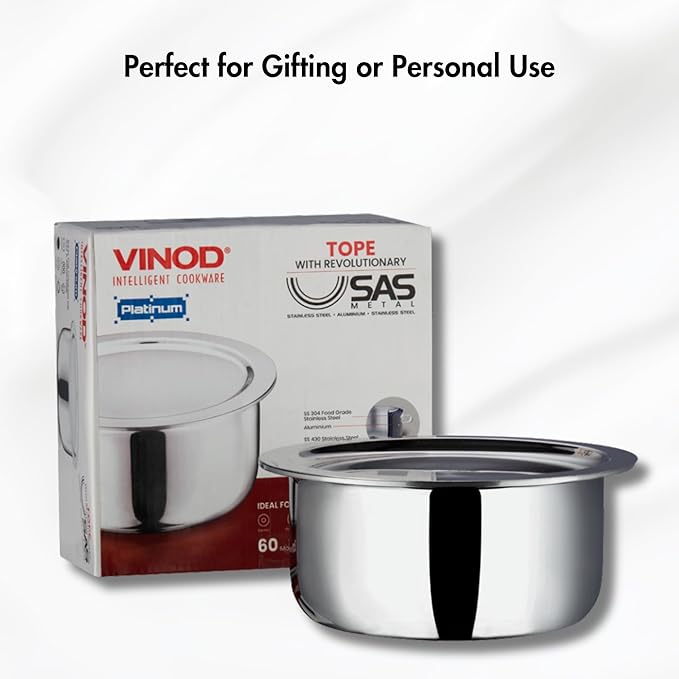 Vinod Platinum Triply Stainless Steel Tope with Stainless Steel Lid 3.5 litres Capacity (20 cm Diameter) - Silver